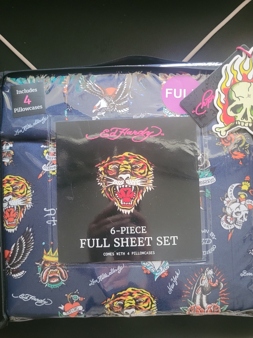 Ed Hardy Navy Sheet Set Multicolor Tattoo Motifs Panther Skull Tiger Bulldog